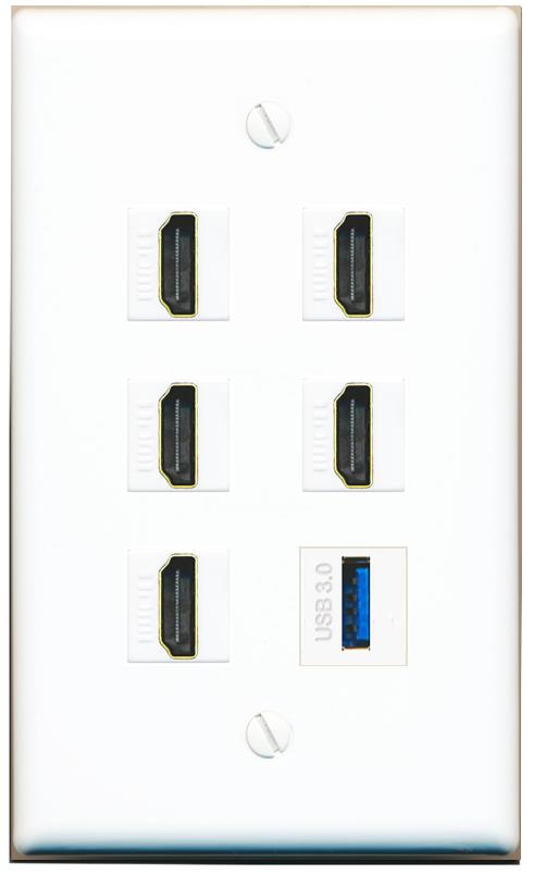  5 HDMI USB-3 Flat/Solid Wall Plate [White]