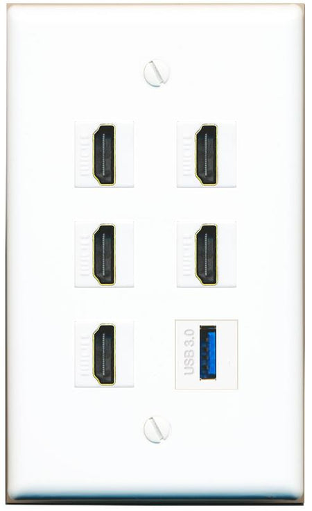 5 HDMI USB-3 Flat/Solid Wall Plate [White]