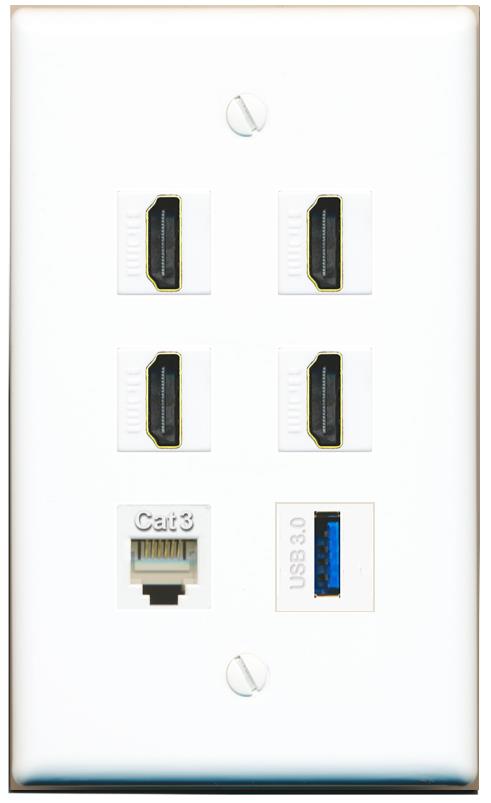  4 HDMI PHONE USB-3 Flat/Solid Wall Plate [White]