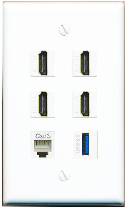  4 HDMI PHONE USB-3 Flat/Solid Wall Plate [White]
