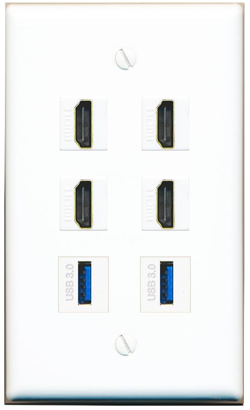  4 HDMI 2 USB-3 Flat/Solid Wall Plate [White]