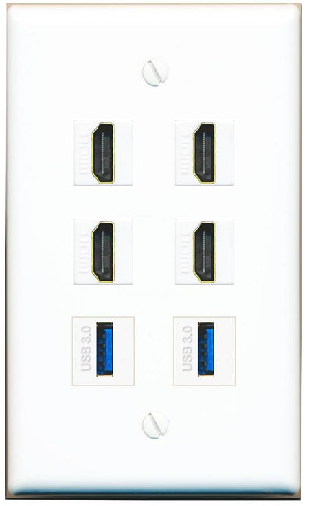  4 HDMI 2 USB-3 Flat/Solid Wall Plate [White]