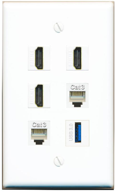  3 HDMI 2 PHONE USB-3 Flat/Solid Wall Plate [White]