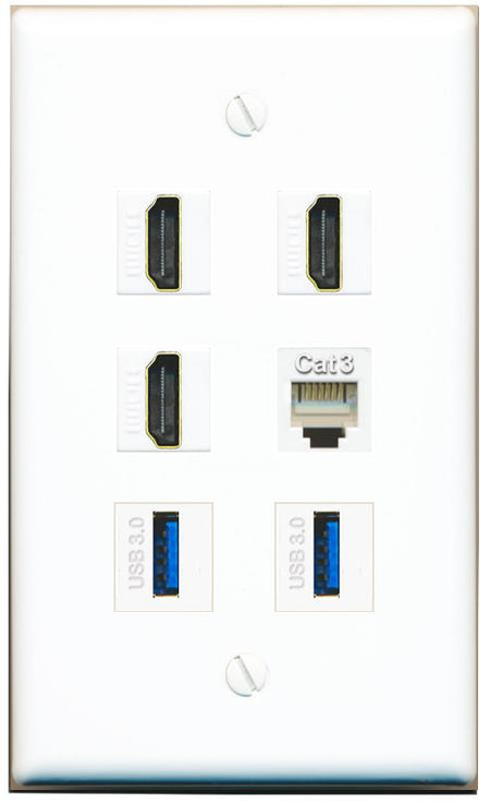  3 HDMI PHONE 2 USB-3 Flat/Solid Wall Plate [White]
