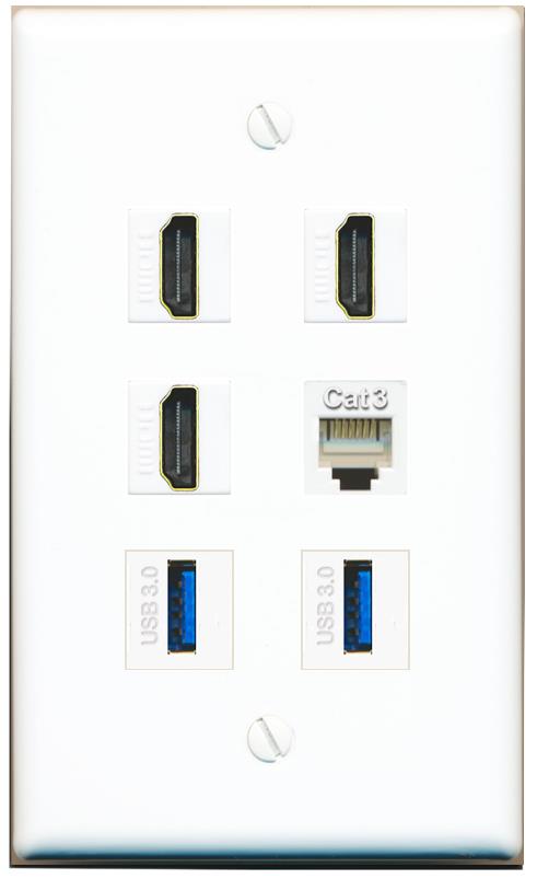  3 HDMI PHONE 2 USB-3 Flat/Solid Wall Plate [White]