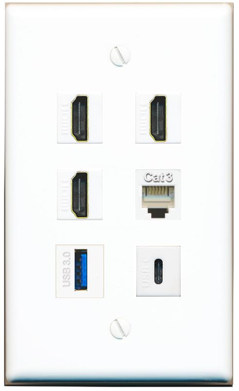  3 HDMI PHONE USB-3 USBC Flat/Solid Wall Plate [White]