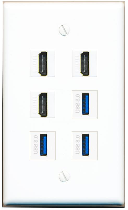  3 HDMI 3 USB-3 Flat/Solid Wall Plate [White]