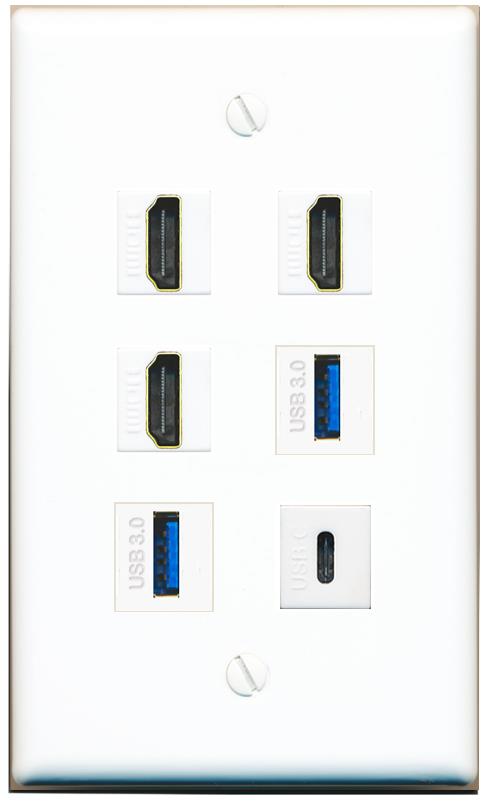  3 HDMI 2 USB-3 USBC Flat/Solid Wall Plate [White]