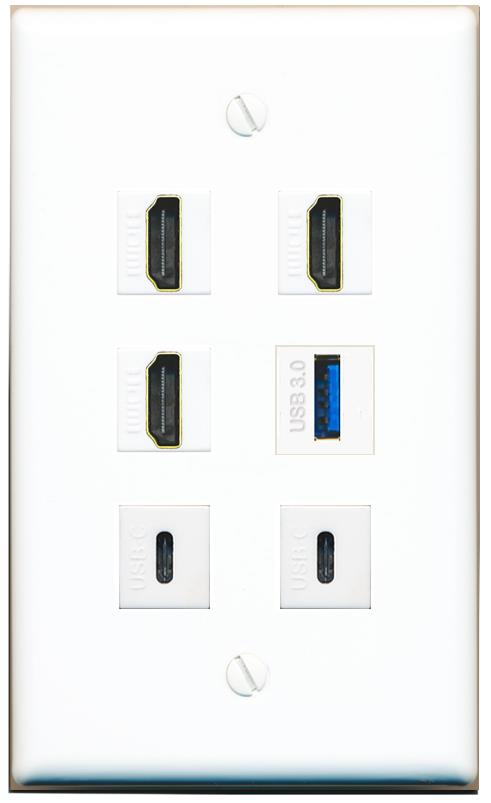  3 HDMI USB-3 2 USBC Flat/Solid Wall Plate [White]