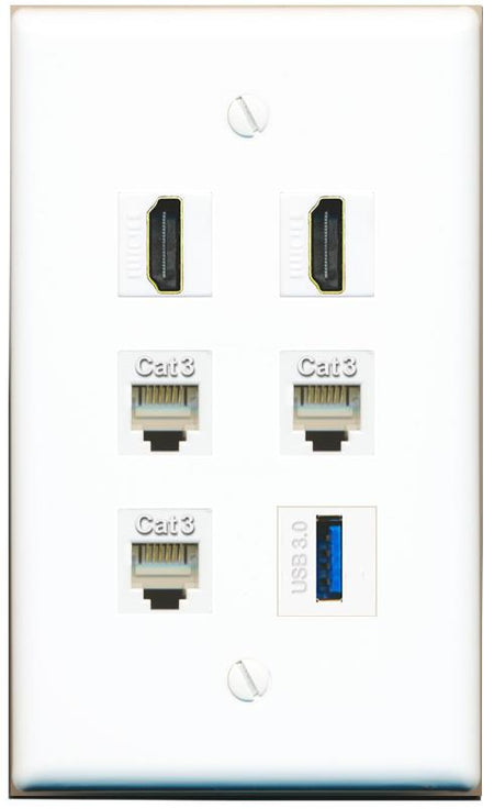  2 HDMI 3 PHONE USB-3 Flat/Solid Wall Plate [White]
