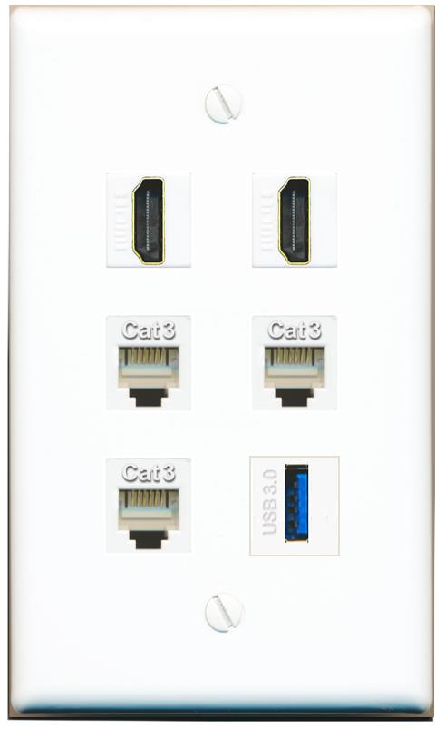  2 HDMI 3 PHONE USB-3 Flat/Solid Wall Plate [White]