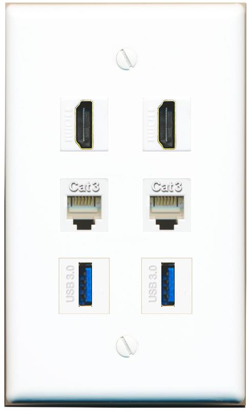  2 HDMI 2 PHONE 2 USB-3 Flat/Solid Wall Plate [White]