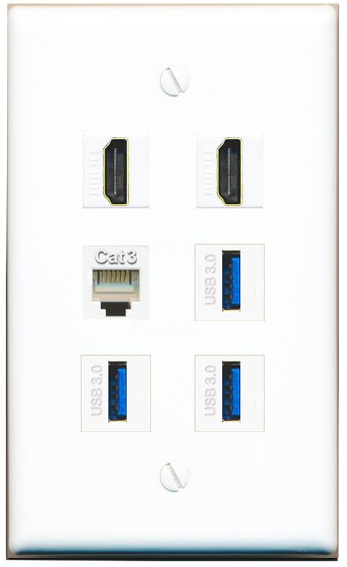  2 HDMI PHONE 3 USB-3 Flat/Solid Wall Plate [White]