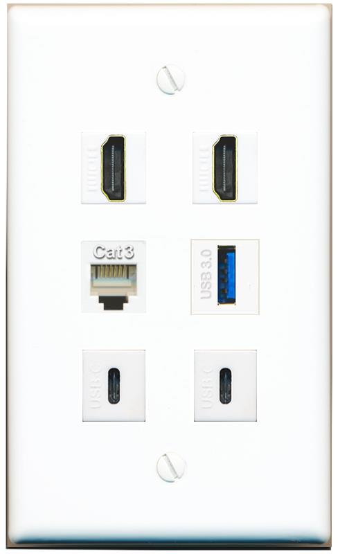  2 HDMI PHONE USB-3 2 USBC Flat/Solid Wall Plate [White]