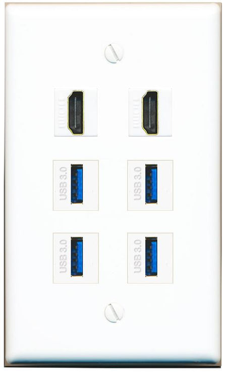  2 HDMI 4 USB-3 Flat/Solid Wall Plate [White]