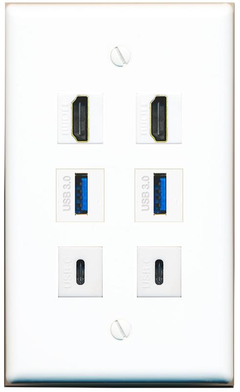 2 HDMI 2 USB-3 2 USBC Flat/Solid Wall Plate [White]