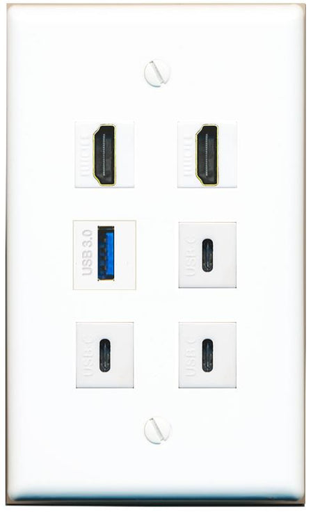  2 HDMI USB-3 3 USBC Flat/Solid Wall Plate [White]