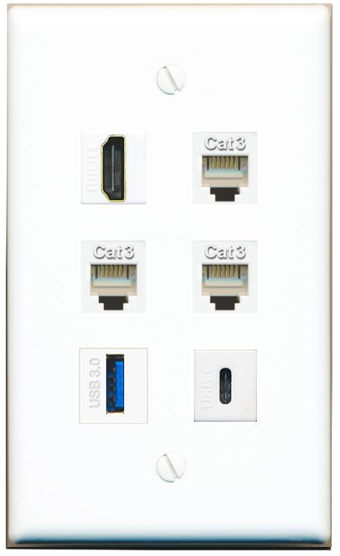  HDMI 3 PHONE USB-3 USBC Flat/Solid Wall Plate [White]