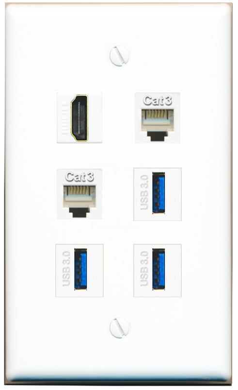  HDMI 2 PHONE 3 USB-3 Flat/Solid Wall Plate [White]