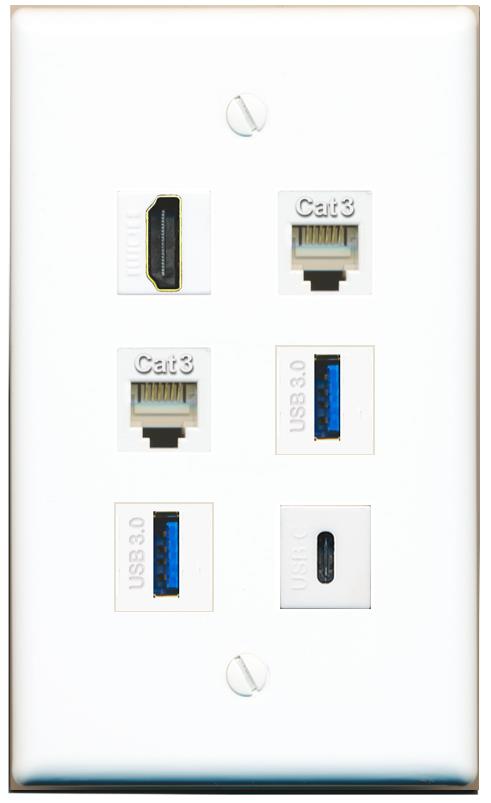  HDMI 2 PHONE 2 USB-3 USBC Flat/Solid Wall Plate [White]