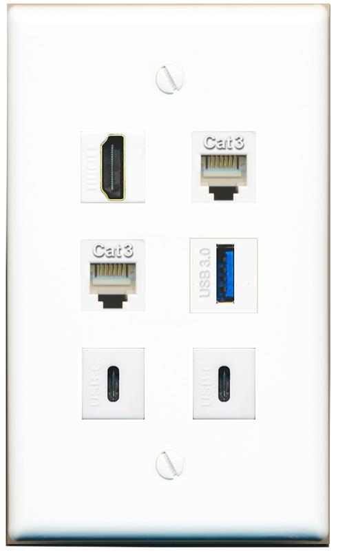  HDMI 2 PHONE USB-3 2 USBC Flat/Solid Wall Plate [White]