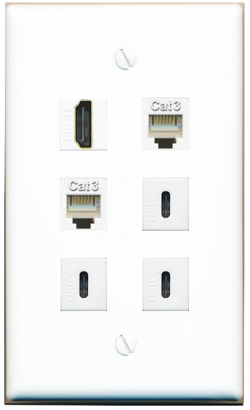  HDMI 2 PHONE 3 USBC Flat/Solid Wall Plate [White]