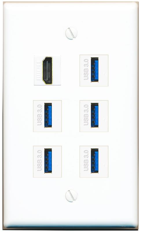 HDMI 5 USB-3 Flat/Solid Wall Plate [White]
