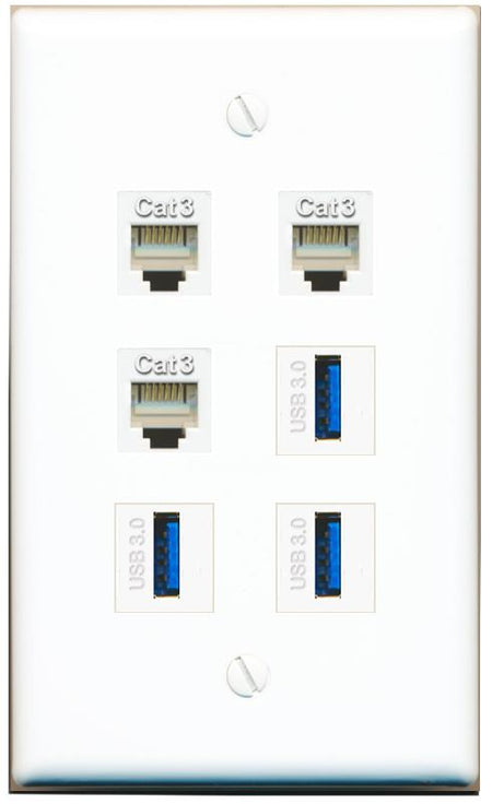  3 PHONE 3 USB-3 Flat/Solid Wall Plate [White]