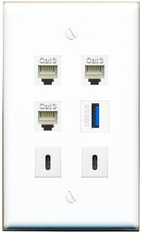  3 PHONE USB-3 2 USBC Flat/Solid Wall Plate [White]