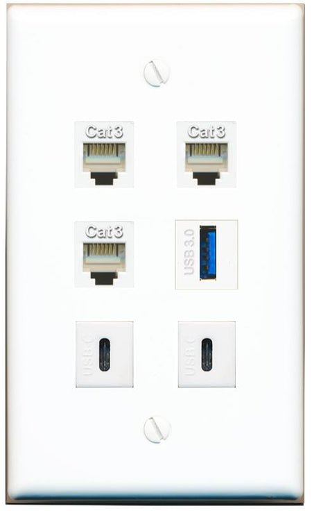  3 PHONE USB-3 2 USBC Flat/Solid Wall Plate [White]