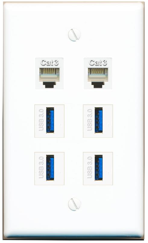 2 PHONE 4 USB-3 Flat/Solid Wall Plate [White]