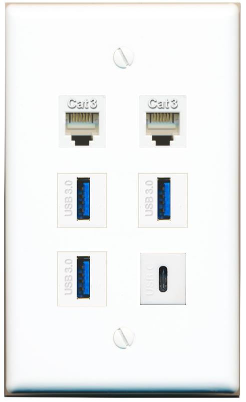  2 PHONE 3 USB-3 USBC Flat/Solid Wall Plate [White]