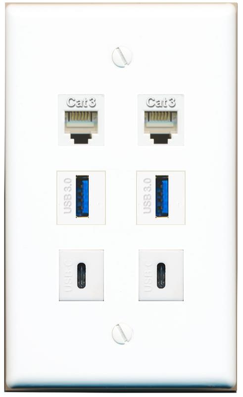  2 PHONE 2 USB-3 2 USBC Flat/Solid Wall Plate [White]