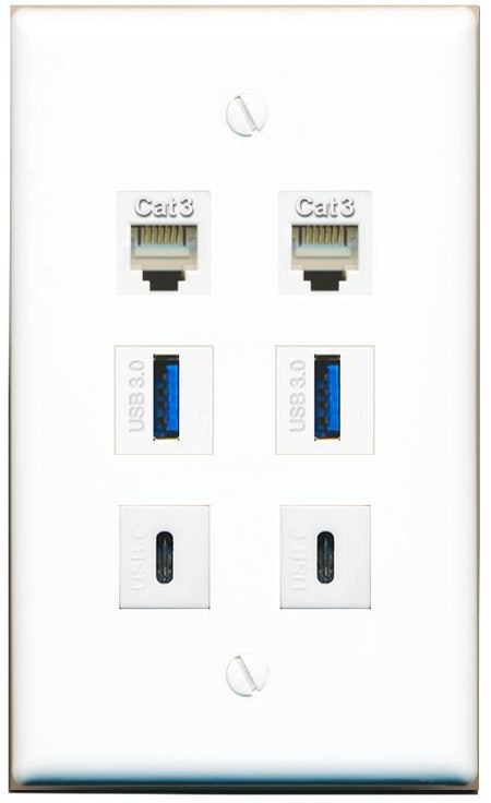  2 PHONE 2 USB-3 2 USBC Flat/Solid Wall Plate [White]