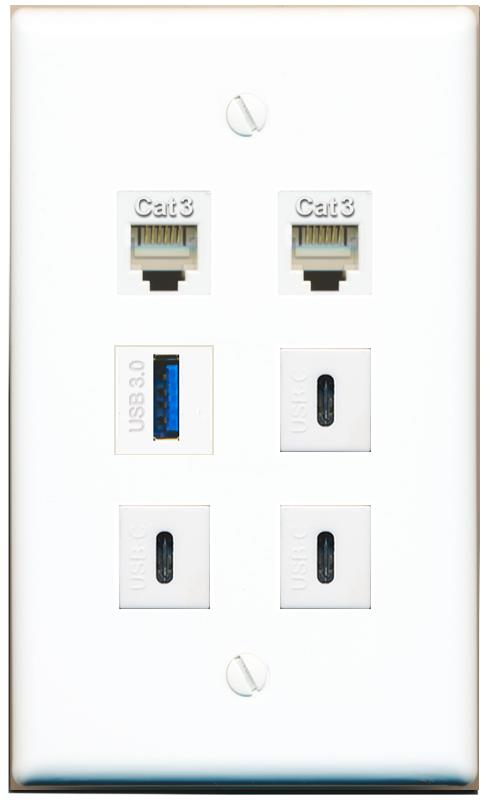  2 PHONE USB-3 3 USBC Flat/Solid Wall Plate [White]