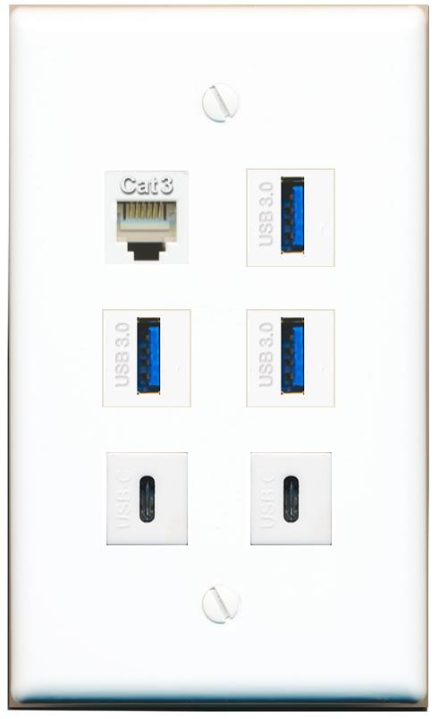  PHONE 3 USB-3 2 USBC Flat/Solid Wall Plate [White]