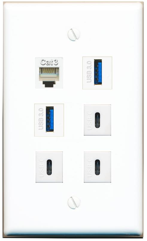  PHONE 2 USB-3 3 USBC Flat/Solid Wall Plate [White]