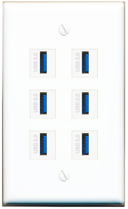  6 USB-3 Flat/Solid Wall Plate [White]