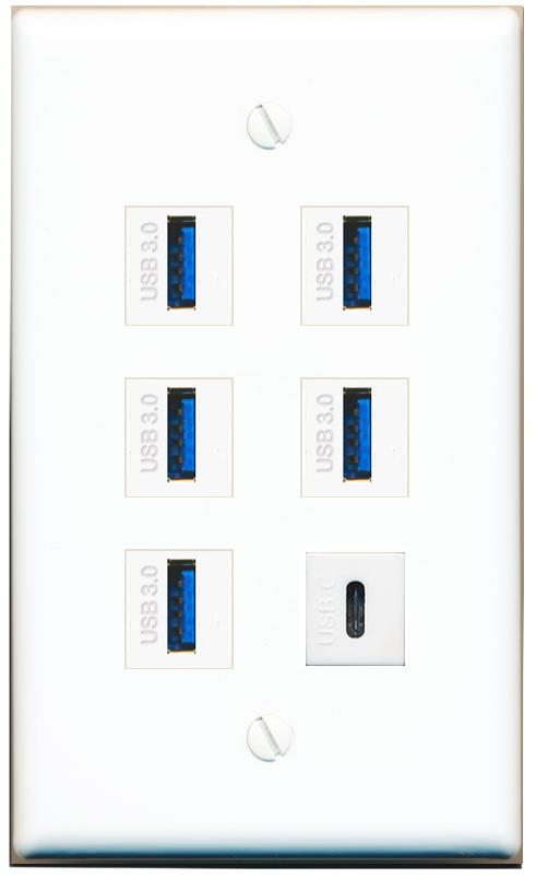  5 USB-3 USBC Flat/Solid Wall Plate [White]