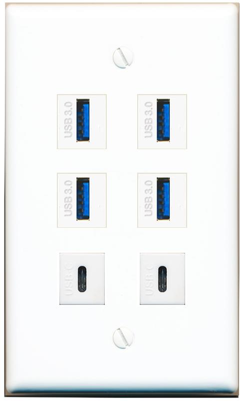  4 USB-3 2 USBC Flat/Solid Wall Plate [White]