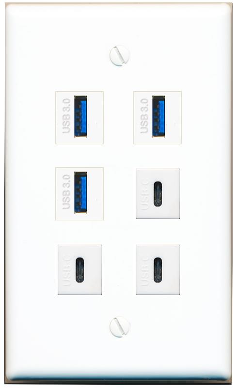  3 USB-3 3 USBC Flat/Solid Wall Plate [White]