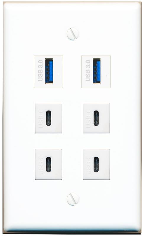  2 USB-3 4 USBC Flat/Solid Wall Plate [White]