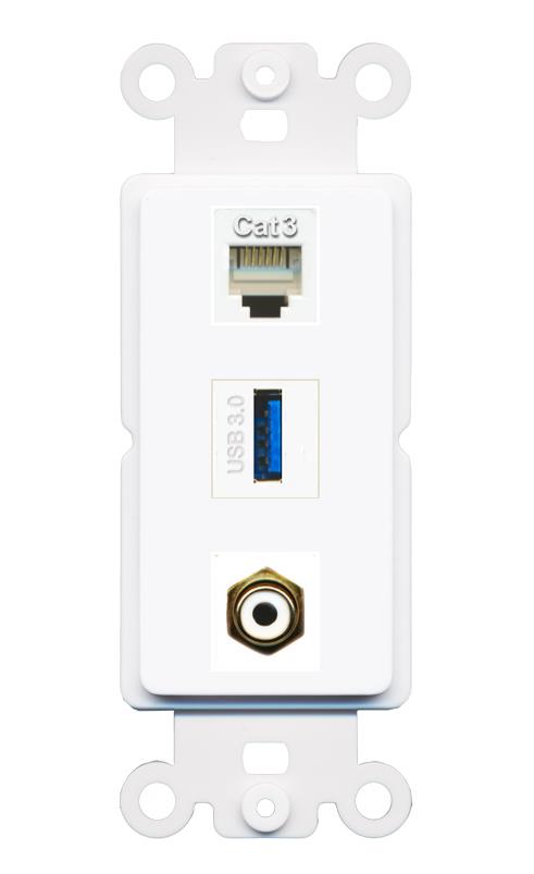 PHONE RCA-WHITE USB-3 Wall Plate [White]