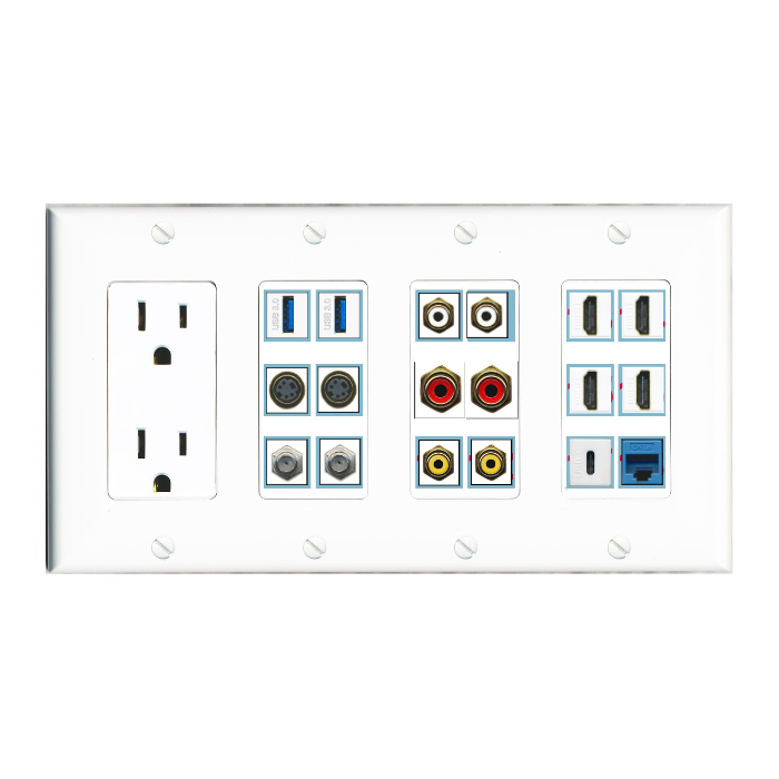 Custom Wall Plate 15 Amp Power Outlet White with up to 18 Keystone Ports