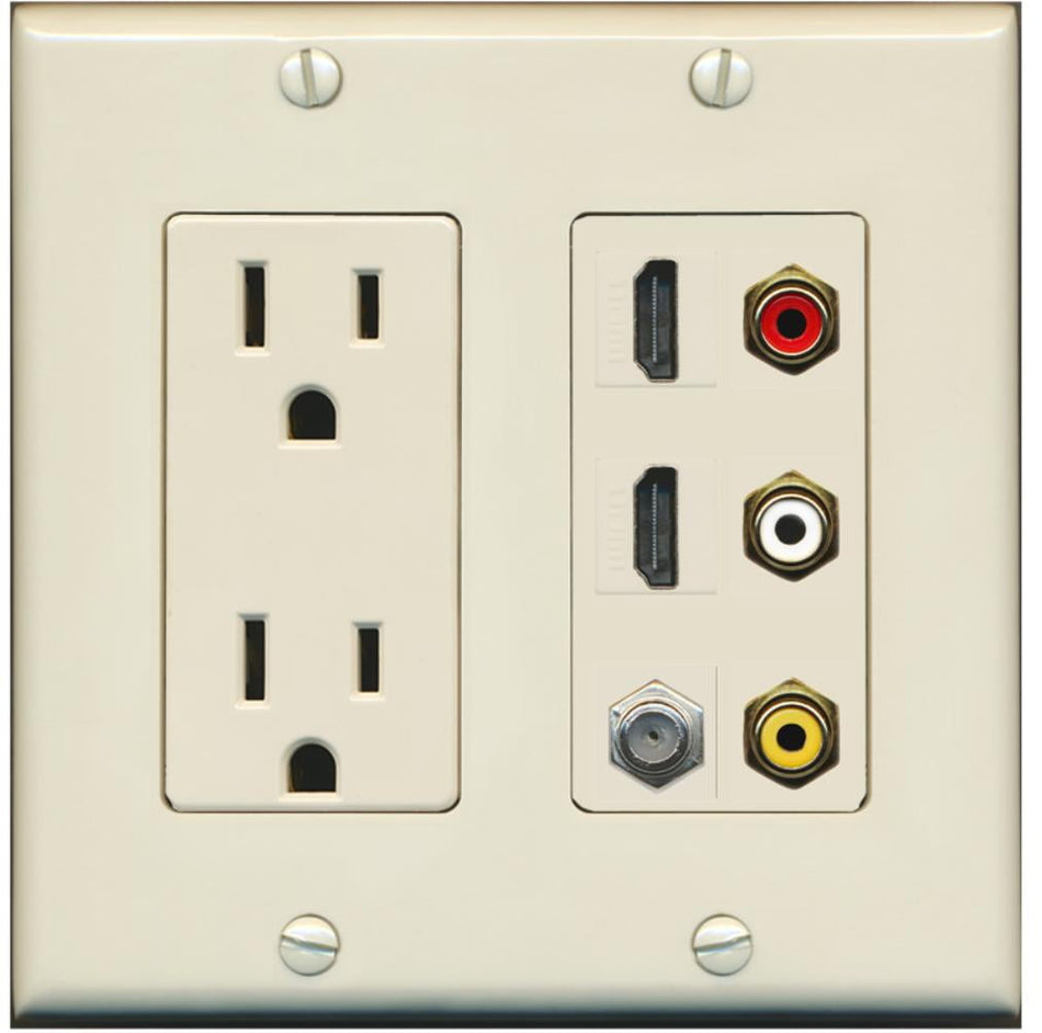RiteAV - 2 x 15 Amp 125V Power Outlet 3 x RCA - 2 X HDMI and 1 x Coax Cable TV Port Wall Plate Light Almond