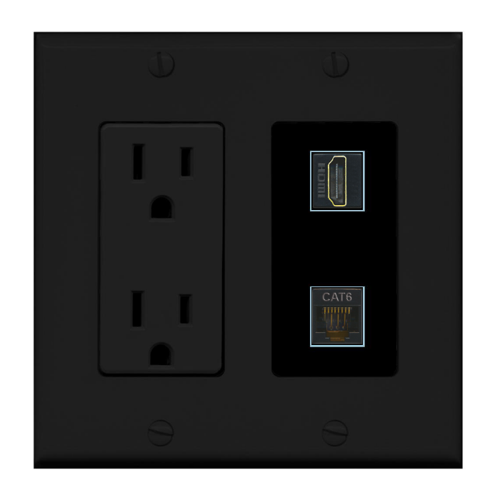 2 Port Custom Keystone Wall Plate w/DecorZ Power Outlet Black
