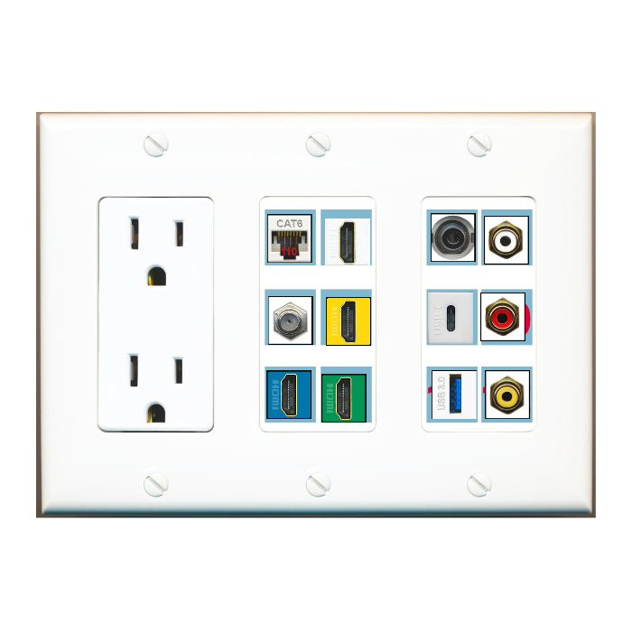 Custom Wall Plate 15 Amp Power Outlet White with up to 12 Keystone Ports