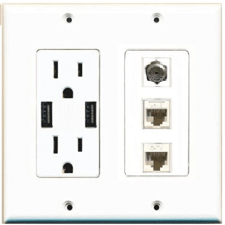 RiteAV USB Charger Outlet 15A/125V with Dual 3.6A USB Charging Ports and 1 x Coax and 2 x Cat6 Decorative White Wall Plate