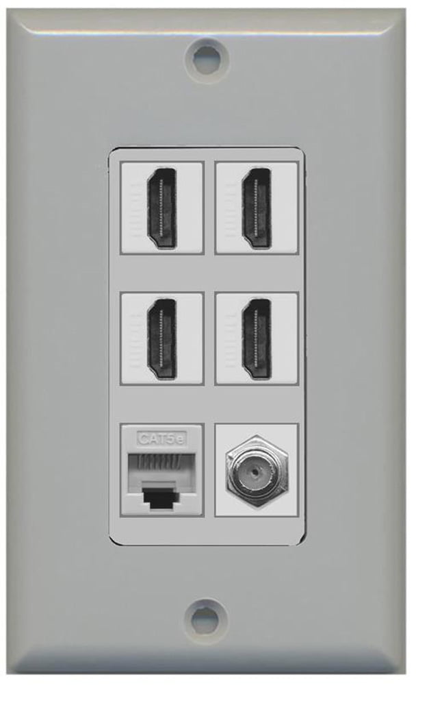 RiteAV - 4 x HDMI and 1 x Ethernet Cat5E and 1 x Coax Cable TV F Type Port Wall Plate - Gray