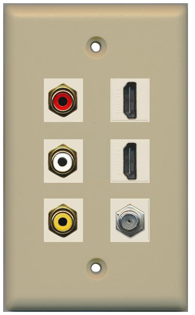 RiteAV - 3 x RCA - 2 X HDMI and 1 x Coax Cable TV Port Wall Plate - Ivory